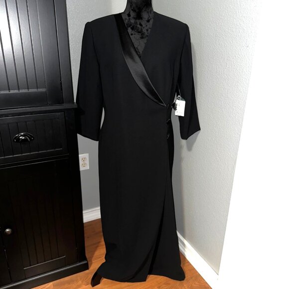 Worthington Dress Size 14 Black Long Wrap Satin Trim Formal Evening Gown NWT - Picture 1 of 9
